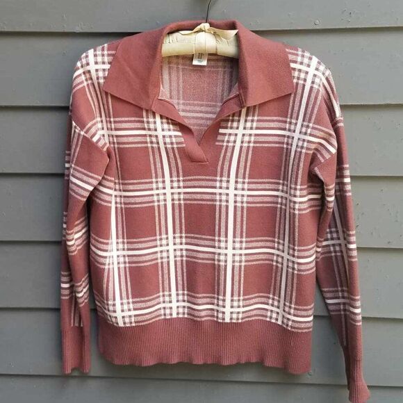 Max Studio Brown White Plaid Knit Sweater with Collar size Medium - Picture 1 of 11
